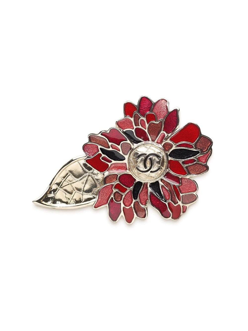 CHANEL Red and Pink Floral Camellia Brooch with Gold Leaf - Picture 1 of 5